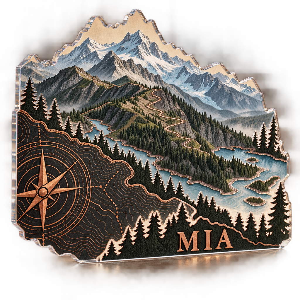 Artwork visualization: Mountain contour map — cabin room decor, personalized MIA, subject-shaped acrylic with printed optical 3D depth; not carved relief.