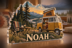 Artwork visualization: Camper van adventures — home landscape memory, personalized NOAH, subject-shaped acrylic with printed optical 3D depth; not carved relief.