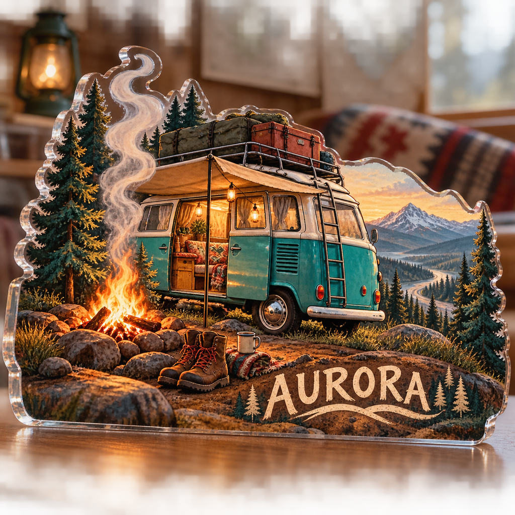Artwork visualization: Camper van adventures — cabin room decor, personalized AURORA, subject-shaped acrylic with printed optical 3D depth; not carved relief.