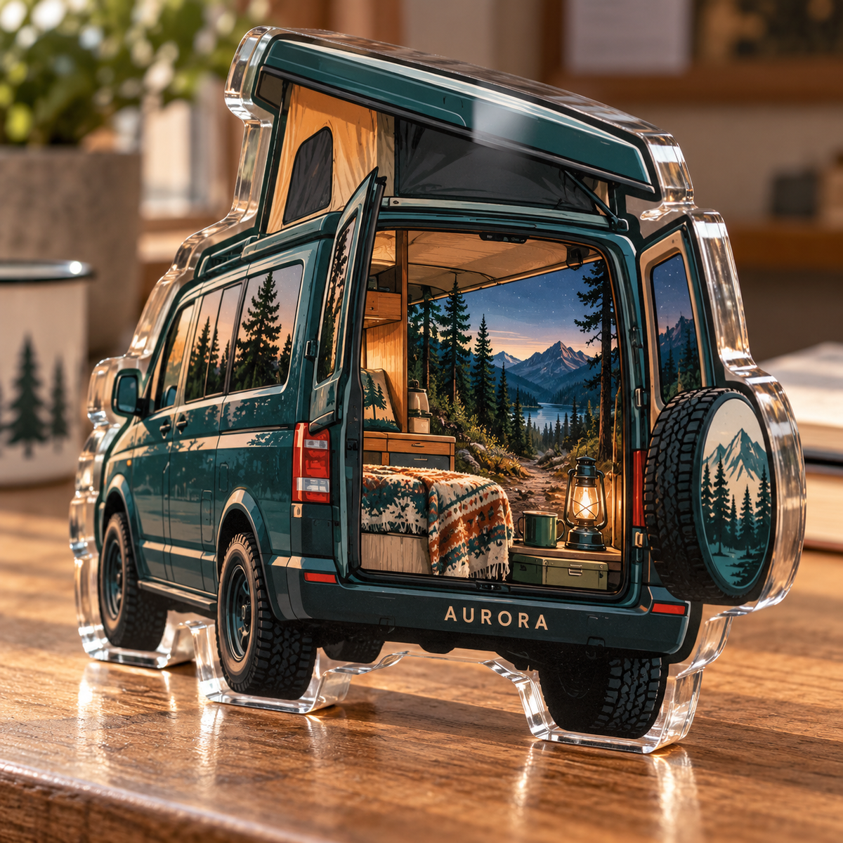 Artwork visualization: Camper van adventures — personalized travel gift, personalized AURORA, subject-shaped acrylic with printed optical 3D depth; not carved relief.
