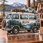 Artwork visualization: Camper van adventures — new home place identity, personalized OLIVIA, subject-shaped acrylic with printed optical 3D depth; not carved relief.