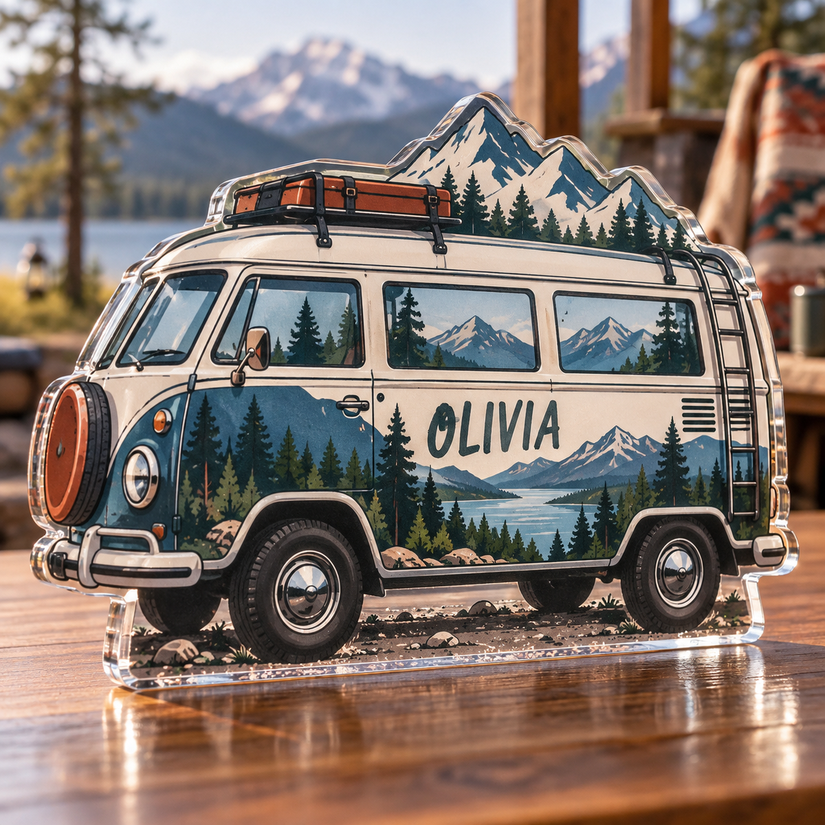 Artwork visualization: Camper van adventures — new home place identity, personalized OLIVIA, subject-shaped acrylic with printed optical 3D depth; not carved relief.