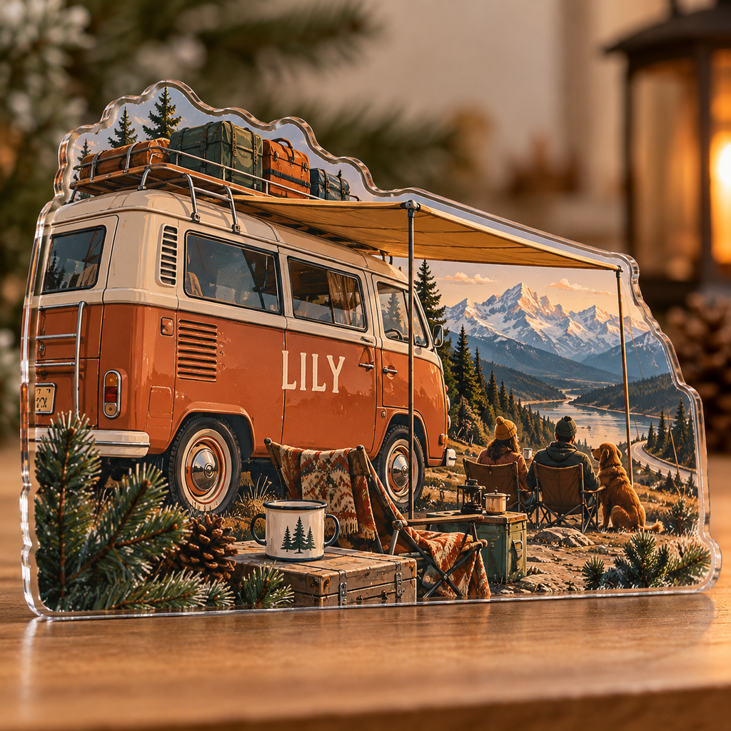 Artwork visualization: Camper van adventures — couple anniversary journey, personalized LILY, subject-shaped acrylic with printed optical 3D depth; not carved relief.