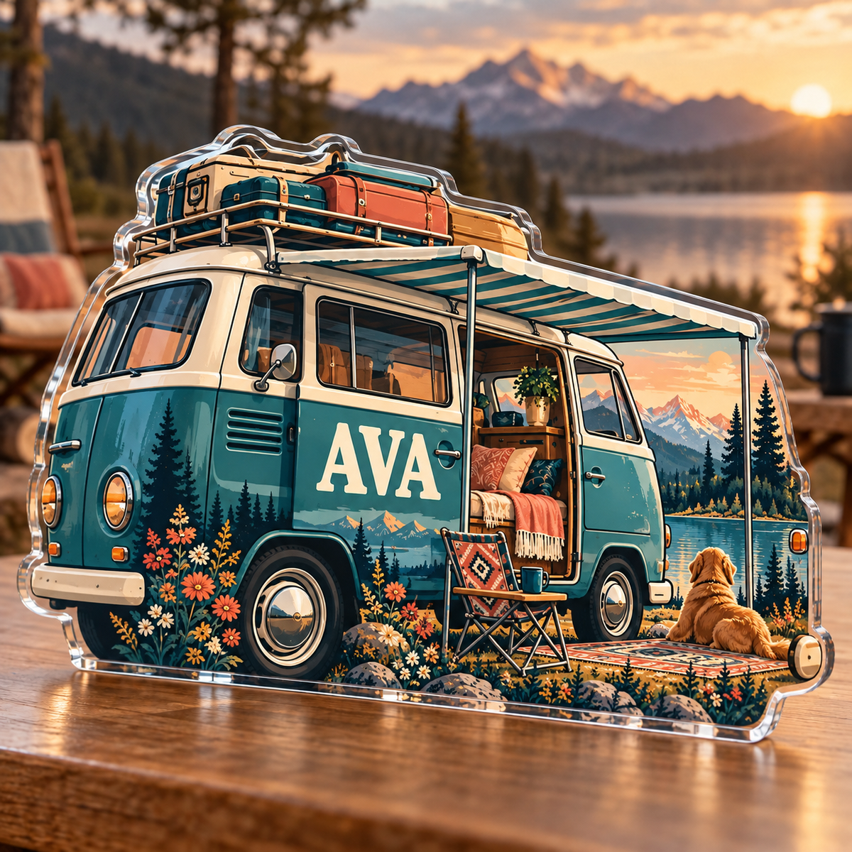 Artwork visualization: Camper van adventures — family vacation keepsake, personalized AVA, subject-shaped acrylic with printed optical 3D depth; not carved relief.