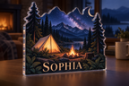 Artwork visualization: Tent under stars — home landscape memory, personalized SOPHIA, subject-shaped acrylic with printed optical 3D depth; not carved relief.