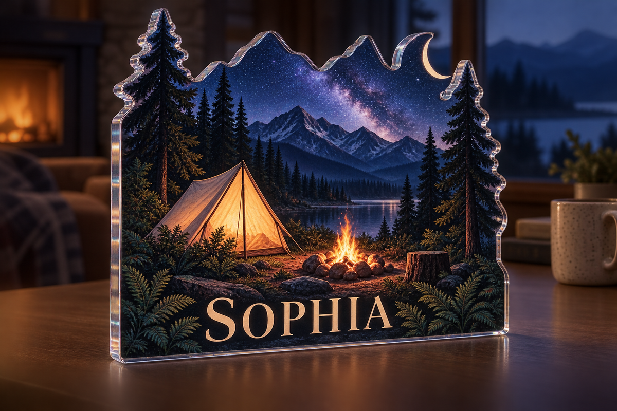 Artwork visualization: Tent under stars — home landscape memory, personalized SOPHIA, subject-shaped acrylic with printed optical 3D depth; not carved relief.