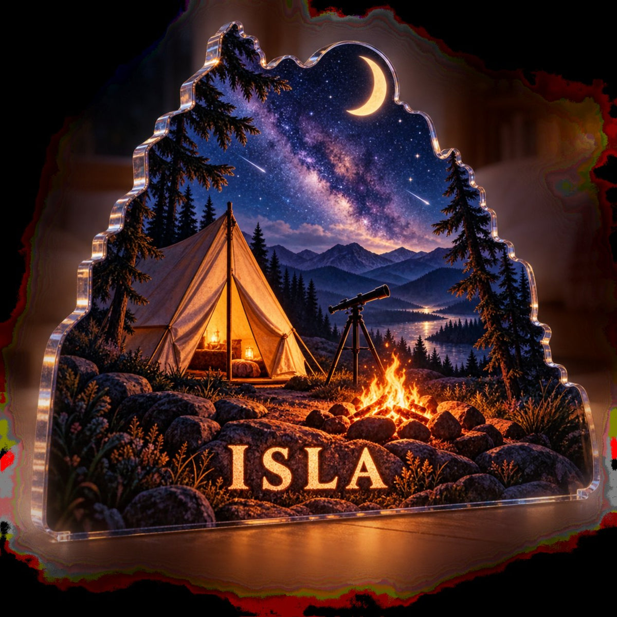 Personalized Tent Under Stars Cabin Room Decor custom shape acrylic plaque with an example name set into the artwork, digital preview