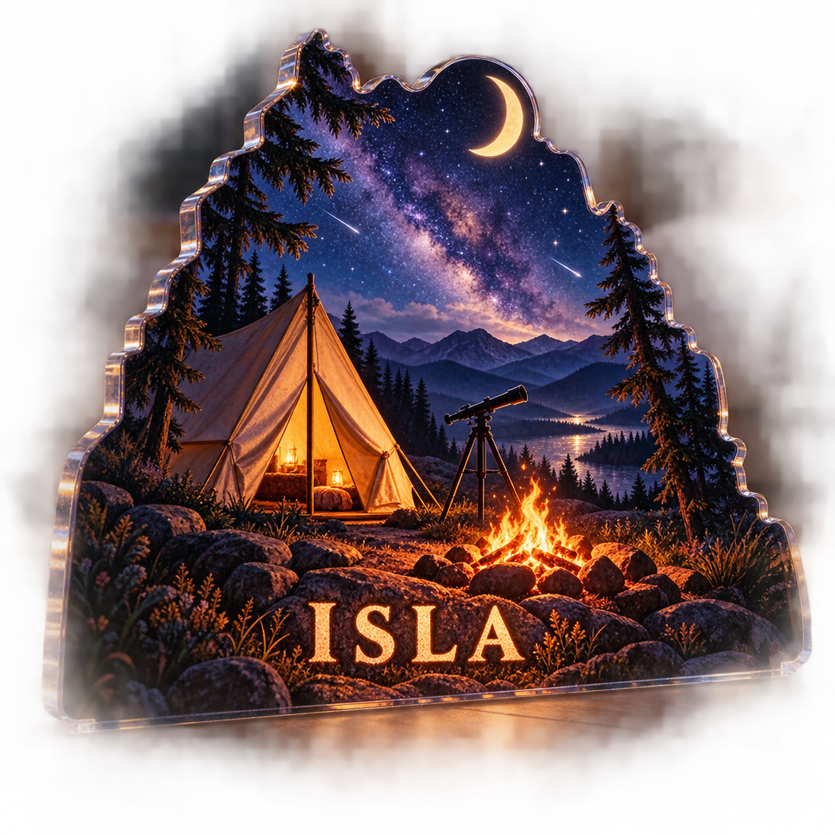 Artwork visualization: Tent under stars — cabin room decor, personalized ISLA, subject-shaped acrylic with printed optical 3D depth; not carved relief.