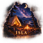 Artwork visualization: Tent under stars — cabin room decor, personalized ISLA, subject-shaped acrylic with printed optical 3D depth; not carved relief.