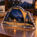 Artwork visualization: Tent under stars — personalized travel gift, personalized AVA, subject-shaped acrylic with printed optical 3D depth; not carved relief.