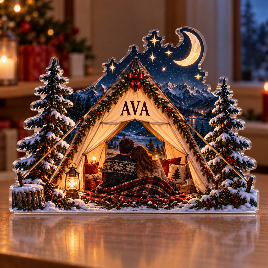 Artwork visualization: Tent under stars — couple anniversary journey, personalized AVA, subject-shaped acrylic with printed optical 3D depth; not carved relief.
