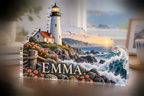Artwork visualization: Lighthouse journey — home landscape memory, personalized EMMA, subject-shaped acrylic with printed optical 3D depth; not carved relief.