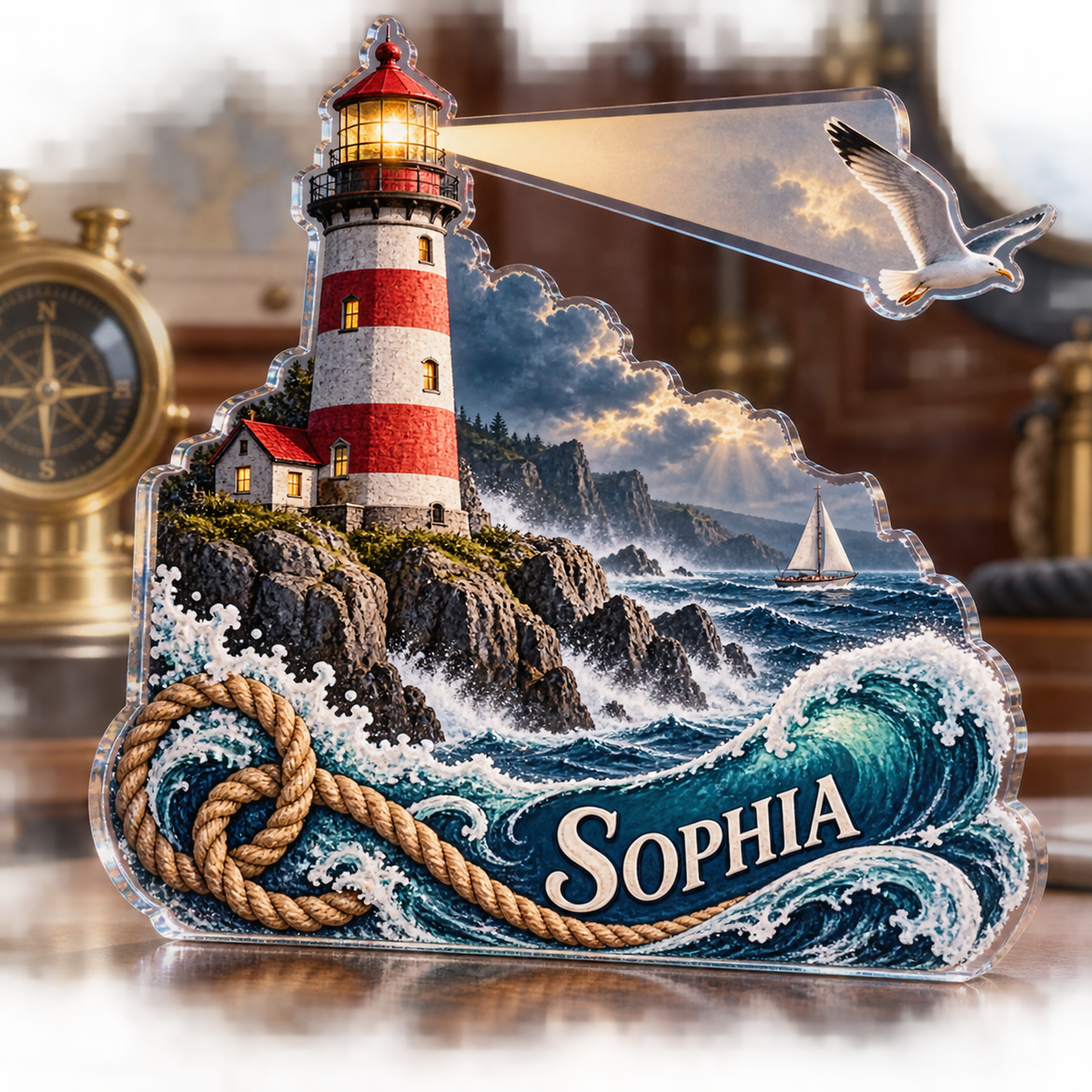 Artwork visualization: Lighthouse journey — cabin room decor, personalized SOPHIA, subject-shaped acrylic with printed optical 3D depth; not carved relief.