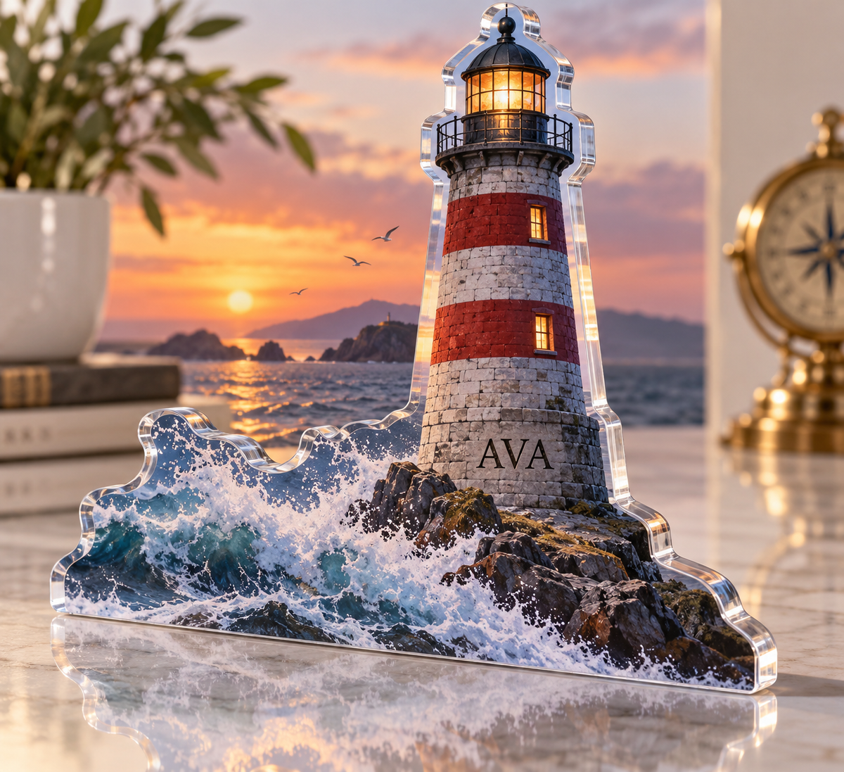 Artwork visualization: Lighthouse journey — personalized travel gift, personalized AVA, subject-shaped acrylic with printed optical 3D depth; not carved relief.