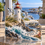 Artwork visualization: Lighthouse journey — new home place identity, personalized ISLA, subject-shaped acrylic with printed optical 3D depth; not carved relief.