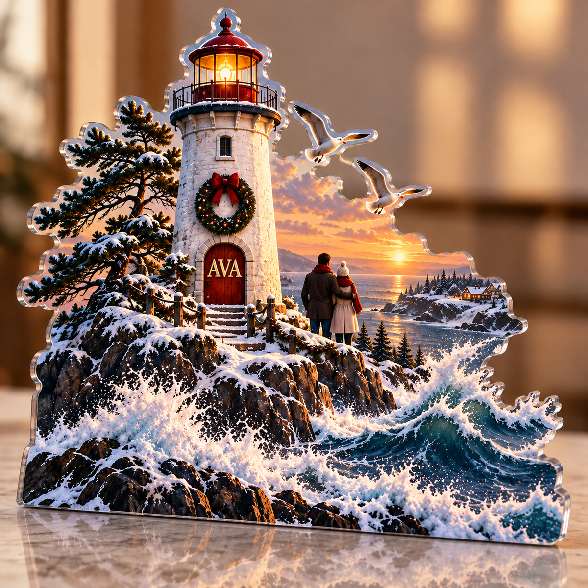 Artwork visualization: Lighthouse journey — couple anniversary journey, personalized AVA, subject-shaped acrylic with printed optical 3D depth; not carved relief.