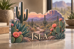 Artwork visualization: Desert botanical route — home landscape memory, personalized ISLA, subject-shaped acrylic with printed optical 3D depth; not carved relief.