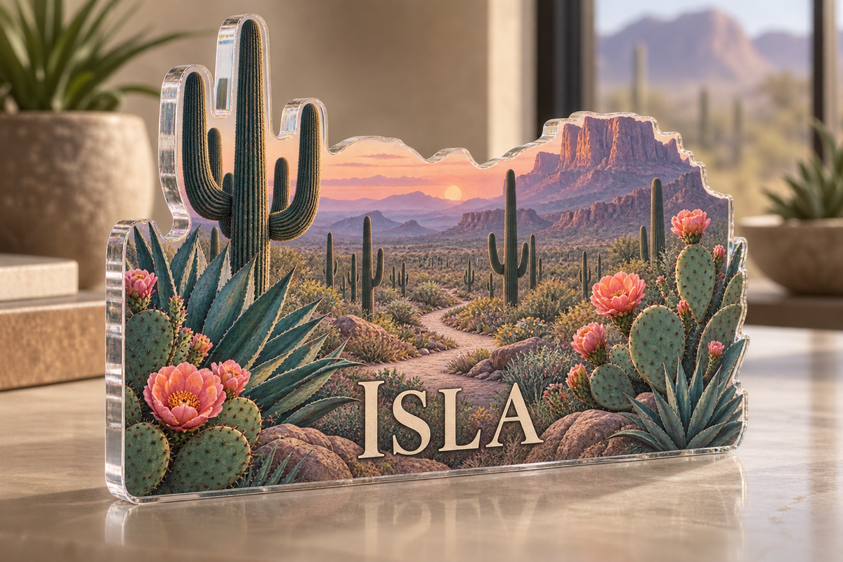 Artwork visualization: Desert botanical route — home landscape memory, personalized ISLA, subject-shaped acrylic with printed optical 3D depth; not carved relief.
