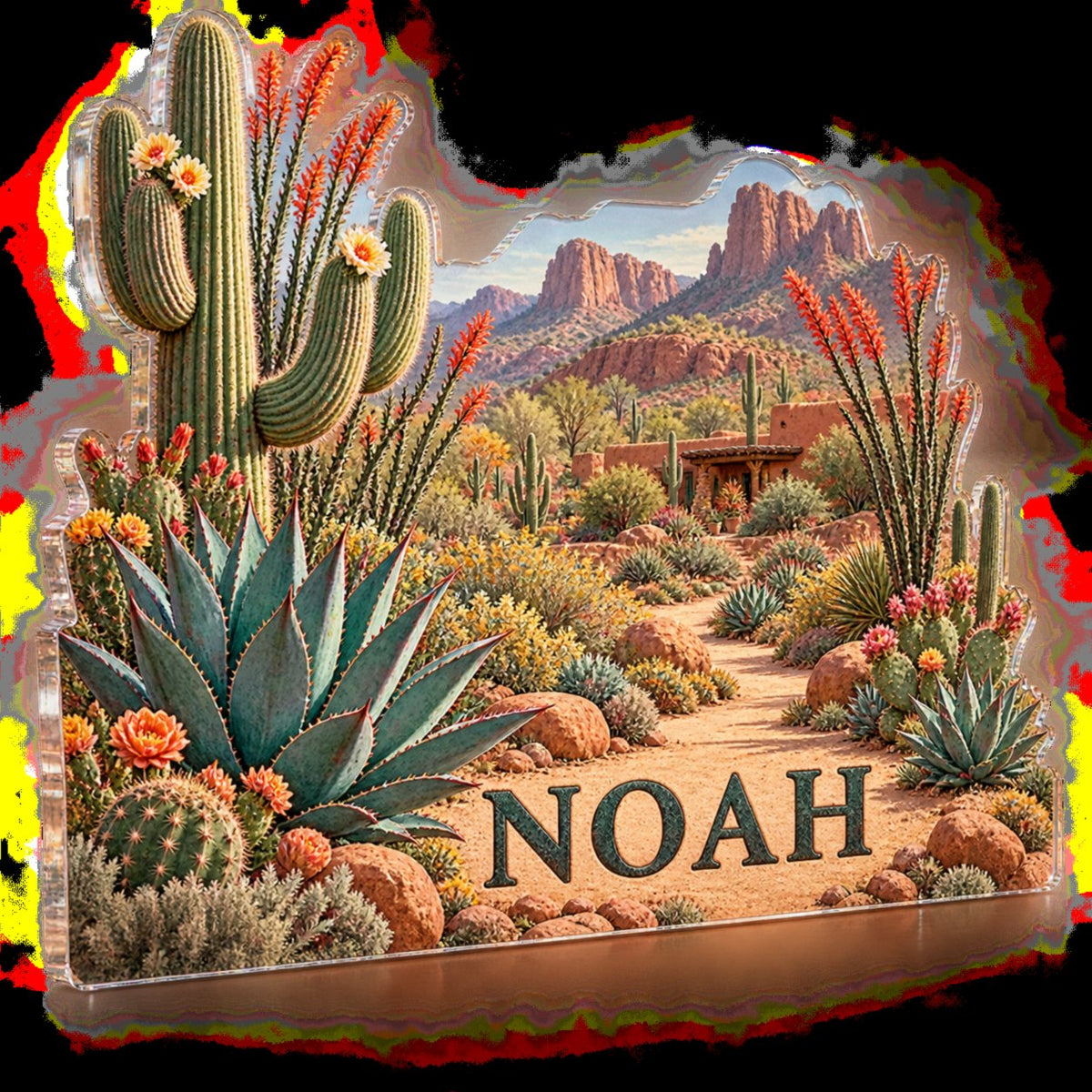 Personalized Desert Botanical Route Cabin Room Decor custom shape acrylic plaque with an example name set into the artwork, digital preview