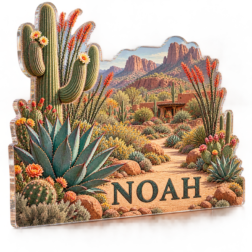 Artwork visualization: Desert botanical route — cabin room decor, personalized NOAH, subject-shaped acrylic with printed optical 3D depth; not carved relief.