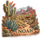 Artwork visualization: Desert botanical route — cabin room decor, personalized NOAH, subject-shaped acrylic with printed optical 3D depth; not carved relief.