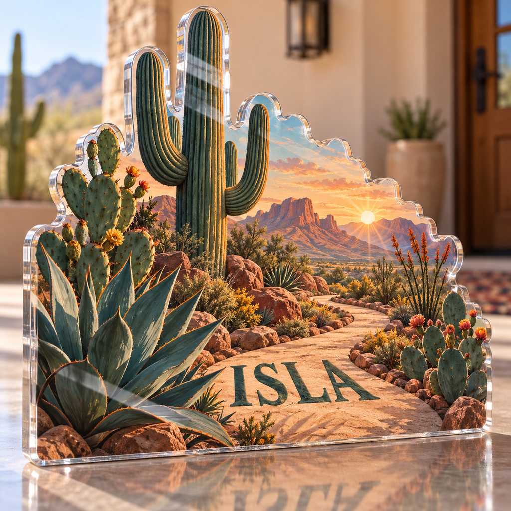 Artwork visualization: Desert botanical route — new home place identity, personalized ISLA, subject-shaped acrylic with printed optical 3D depth; not carved relief.