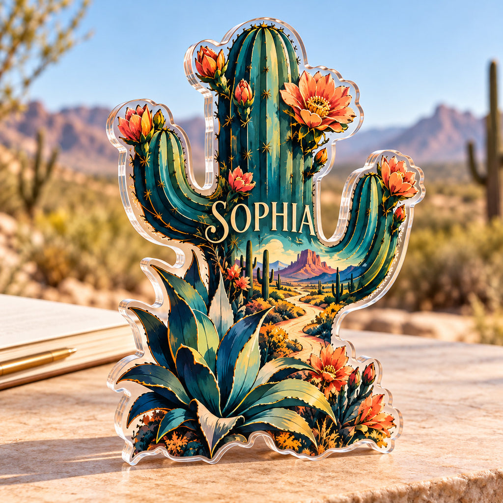 Personalized acrylic plaque with an example name set into the artwork, digital preview