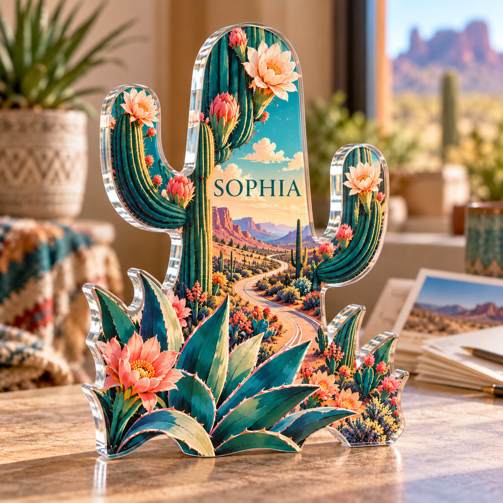 Personalized acrylic plaque with an example name set into the artwork, digital preview