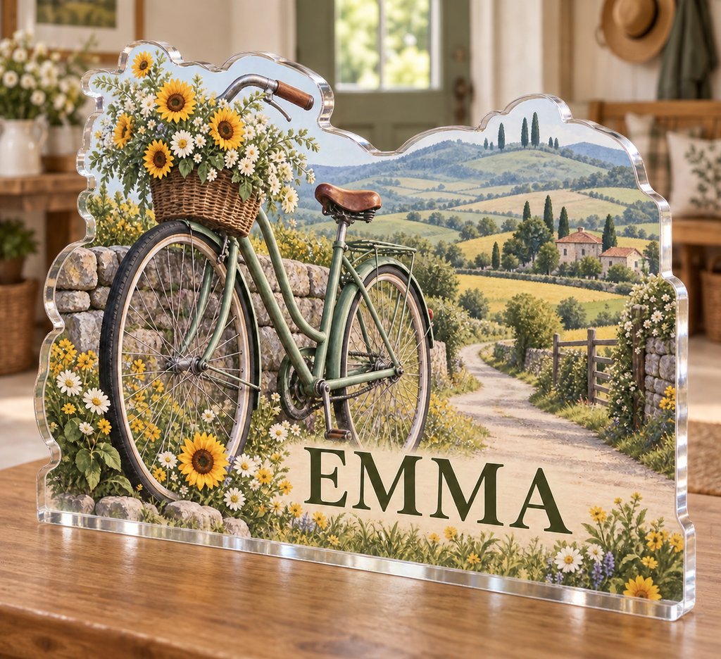 Artwork visualization: Countryside bicycle route — home landscape memory, personalized EMMA, subject-shaped acrylic with printed optical 3D depth; not carved relief.