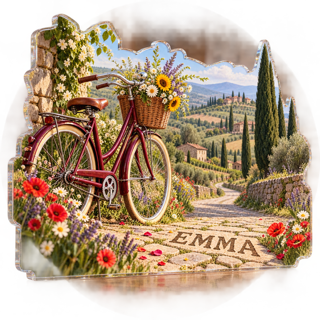 Artwork visualization: Countryside bicycle route — cabin room decor, personalized EMMA, subject-shaped acrylic with printed optical 3D depth; not carved relief.