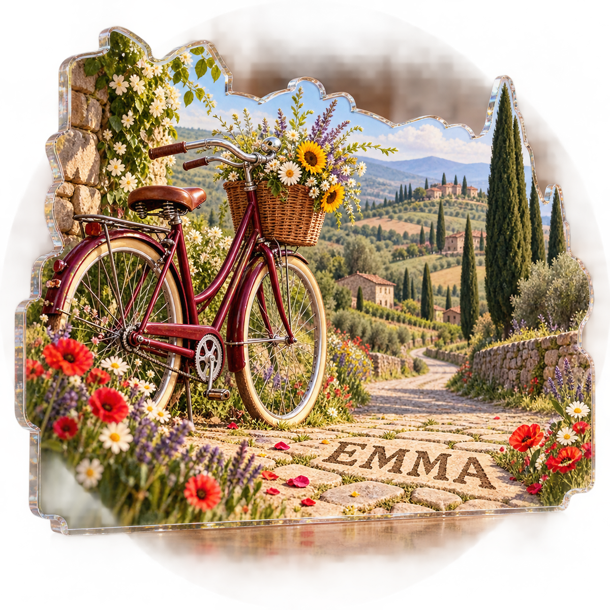 Artwork visualization: Countryside bicycle route — cabin room decor, personalized EMMA, subject-shaped acrylic with printed optical 3D depth; not carved relief.