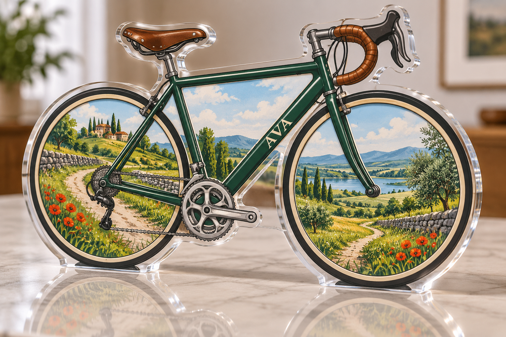 Artwork visualization: Countryside bicycle route — personalized travel gift, personalized AVA, subject-shaped acrylic with printed optical 3D depth; not carved relief.