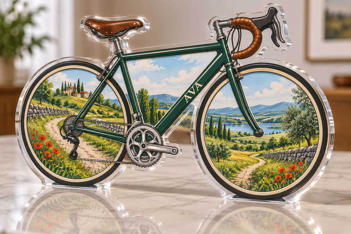 Artwork visualization: Countryside bicycle route — personalized travel gift, personalized AVA, subject-shaped acrylic with printed optical 3D depth; not carved relief.