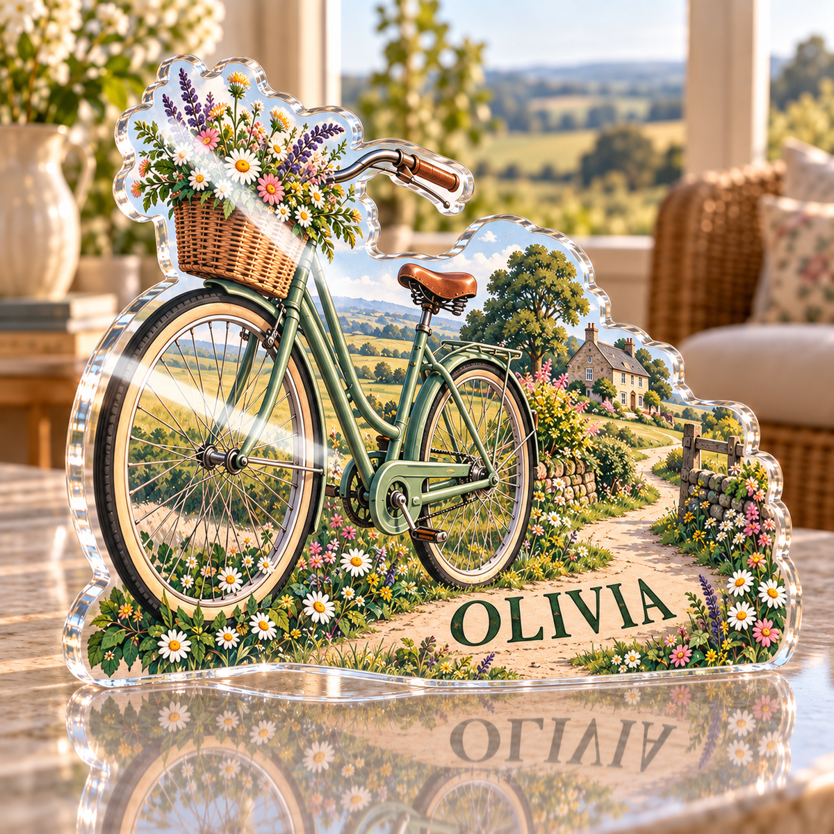 Artwork visualization: Countryside bicycle route — new home place identity, personalized OLIVIA, subject-shaped acrylic with printed optical 3D depth; not carved relief.
