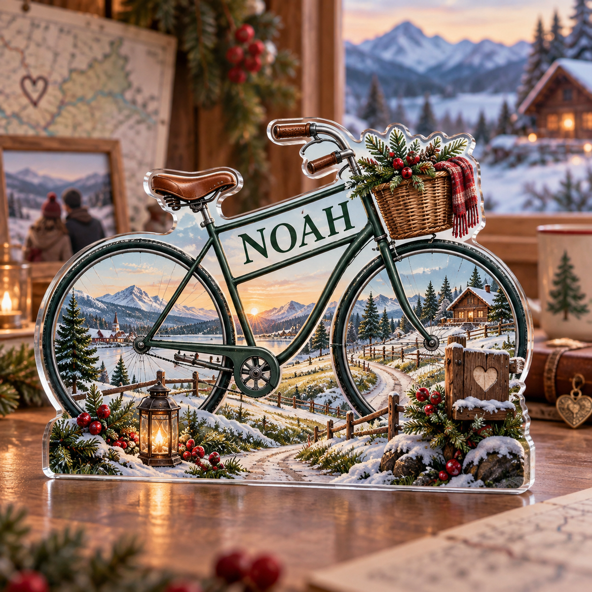 Artwork visualization: Countryside bicycle route — couple anniversary journey, personalized NOAH, subject-shaped acrylic with printed optical 3D depth; not carved relief.