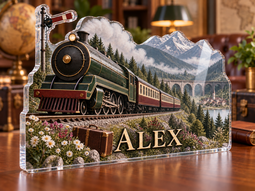 Artwork visualization: Train travel memories — home landscape memory, personalized ALEX, subject-shaped acrylic with printed optical 3D depth; not carved relief.
