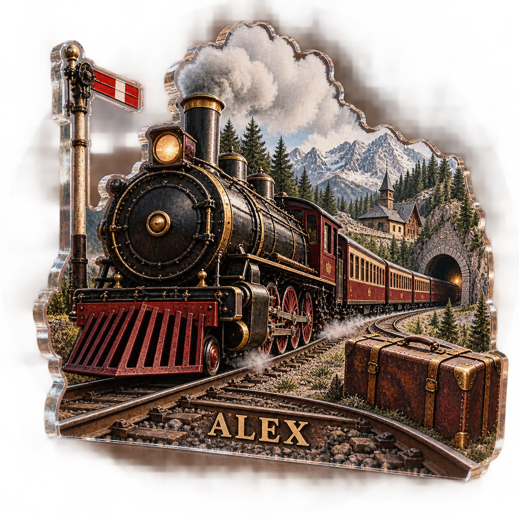 Artwork visualization: Train travel memories — cabin room decor, personalized ALEX, subject-shaped acrylic with printed optical 3D depth; not carved relief.