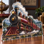 Artwork visualization: Train travel memories — new home place identity, personalized MIA, subject-shaped acrylic with printed optical 3D depth; not carved relief.
