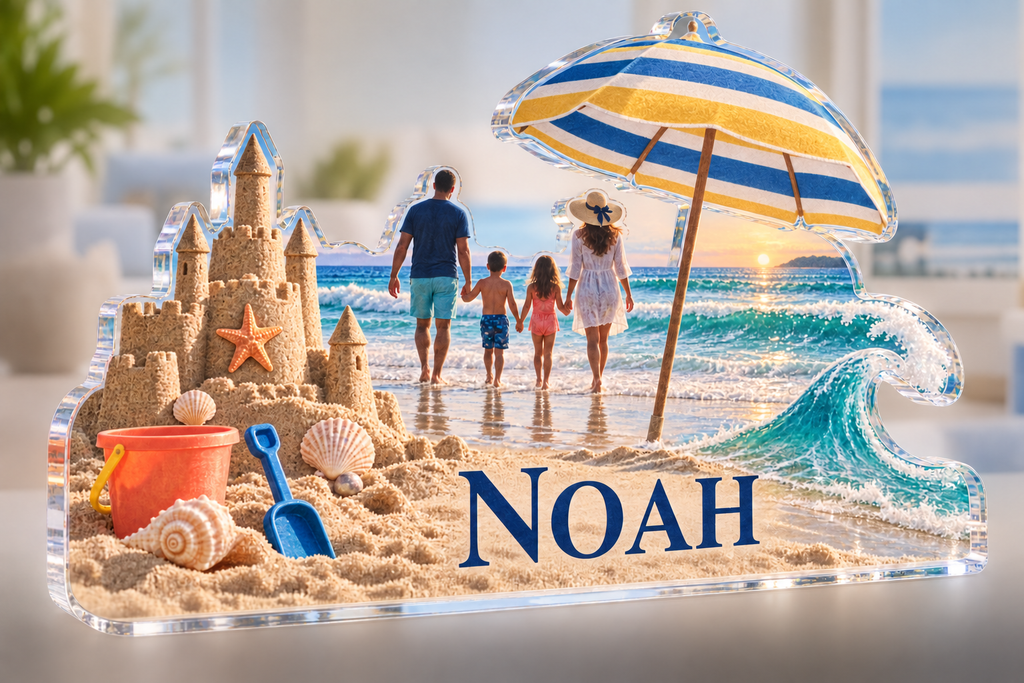 Artwork visualization: Family beach vacation — home landscape memory, personalized NOAH, subject-shaped acrylic with printed optical 3D depth; not carved relief.