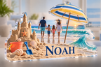 Artwork visualization: Family beach vacation — home landscape memory, personalized NOAH, subject-shaped acrylic with printed optical 3D depth; not carved relief.