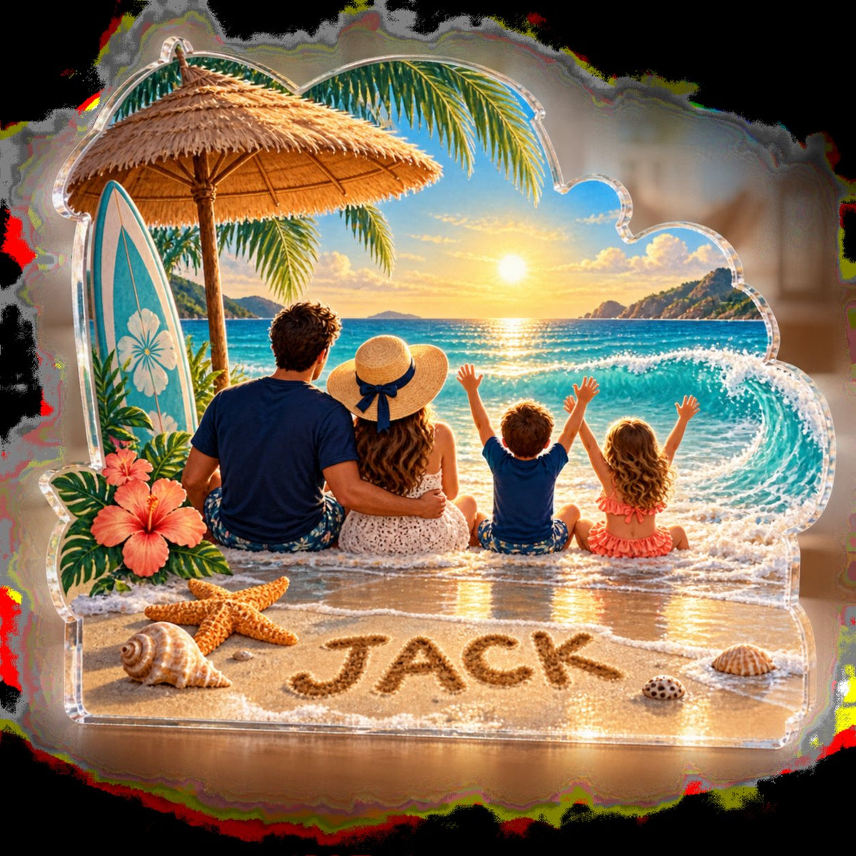 Personalized Family Beach Vacation Cabin Room Decor custom shape acrylic plaque with an example name set into the artwork, digital preview