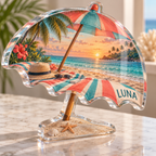 Artwork visualization: Family beach vacation — personalized travel gift, personalized LUNA, subject-shaped acrylic with printed optical 3D depth; not carved relief.