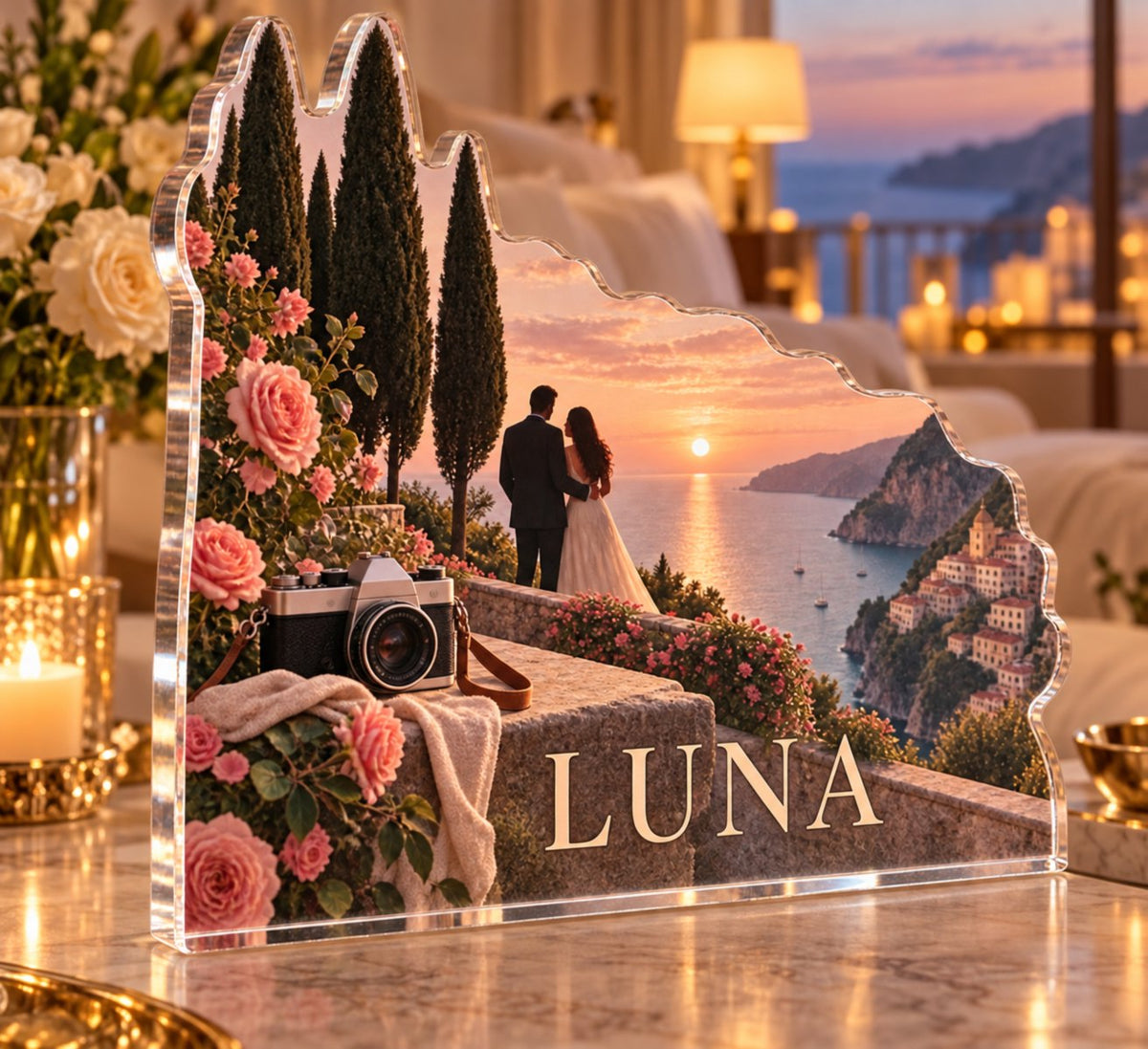 Personalized Honeymoon Landscape Home Landscape Memory custom shape acrylic plaque with an example name set into the artwork, digital preview