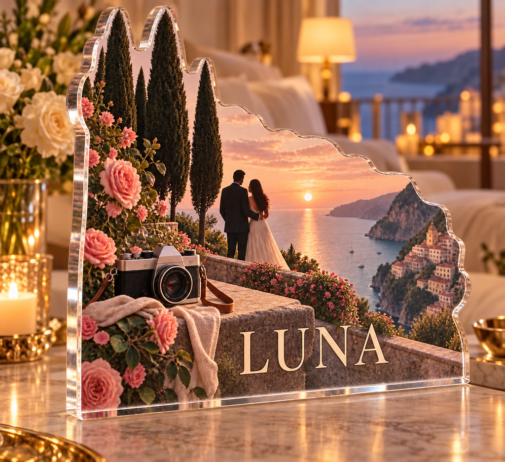 Artwork visualization: Honeymoon landscape — home landscape memory, personalized LUNA, subject-shaped acrylic with printed optical 3D depth; not carved relief.