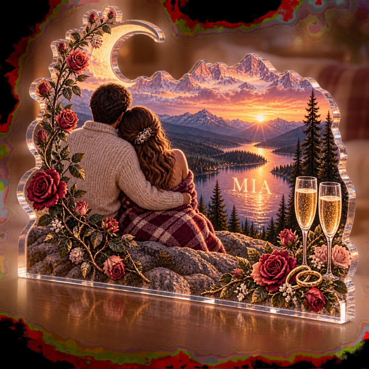 Personalized Honeymoon Landscape Cabin Room Decor custom shape acrylic plaque with an example name set into the artwork, digital preview