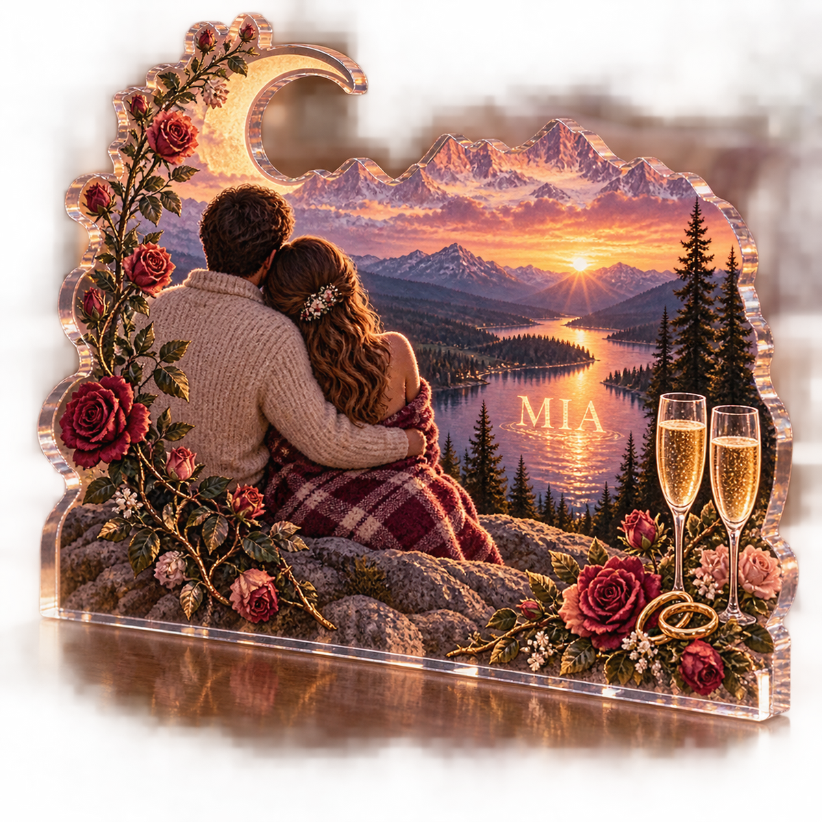 Artwork visualization: Honeymoon landscape — cabin room decor, personalized MIA, subject-shaped acrylic with printed optical 3D depth; not carved relief.