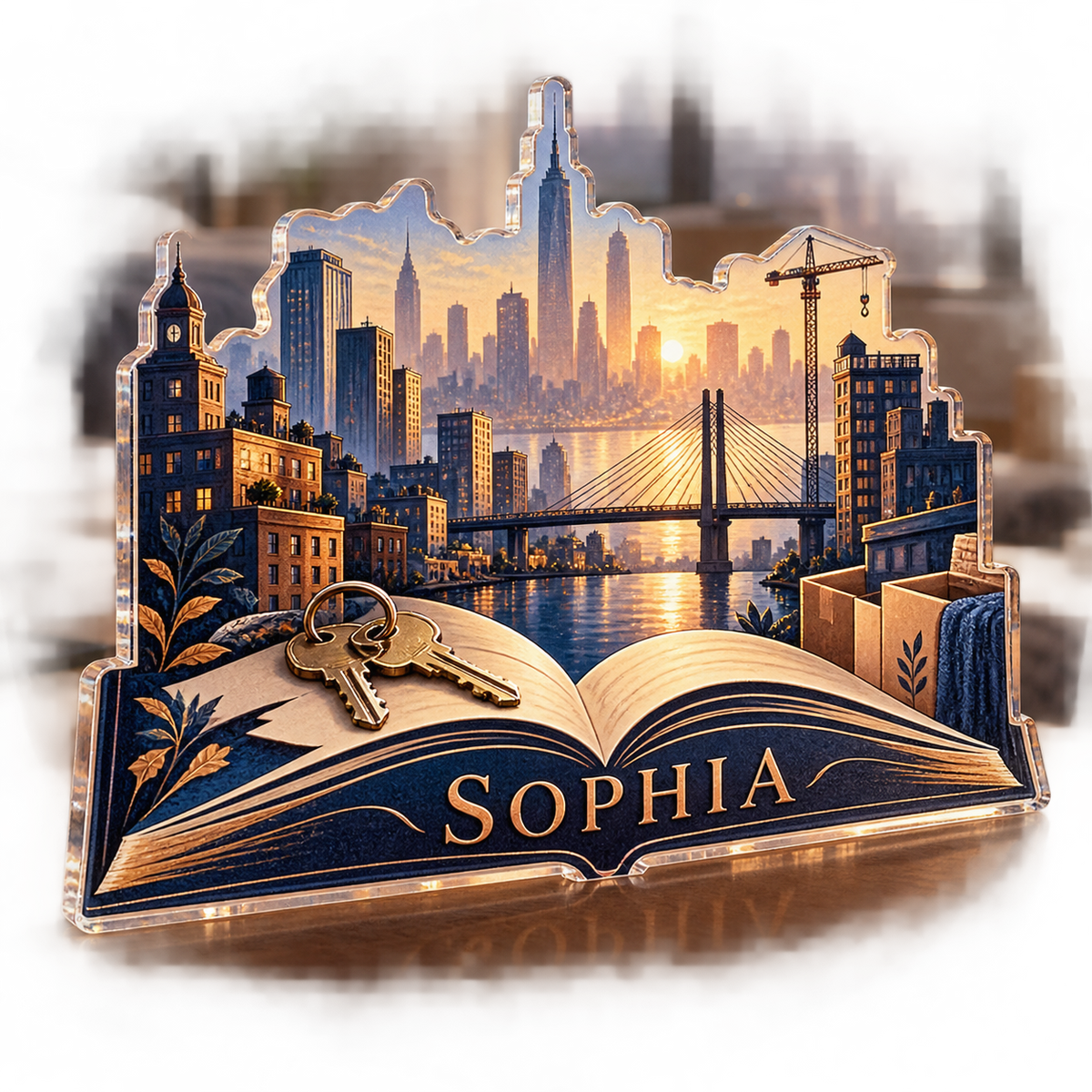 Artwork visualization: New city chapter — cabin room decor, personalized SOPHIA, subject-shaped acrylic with printed optical 3D depth; not carved relief.
