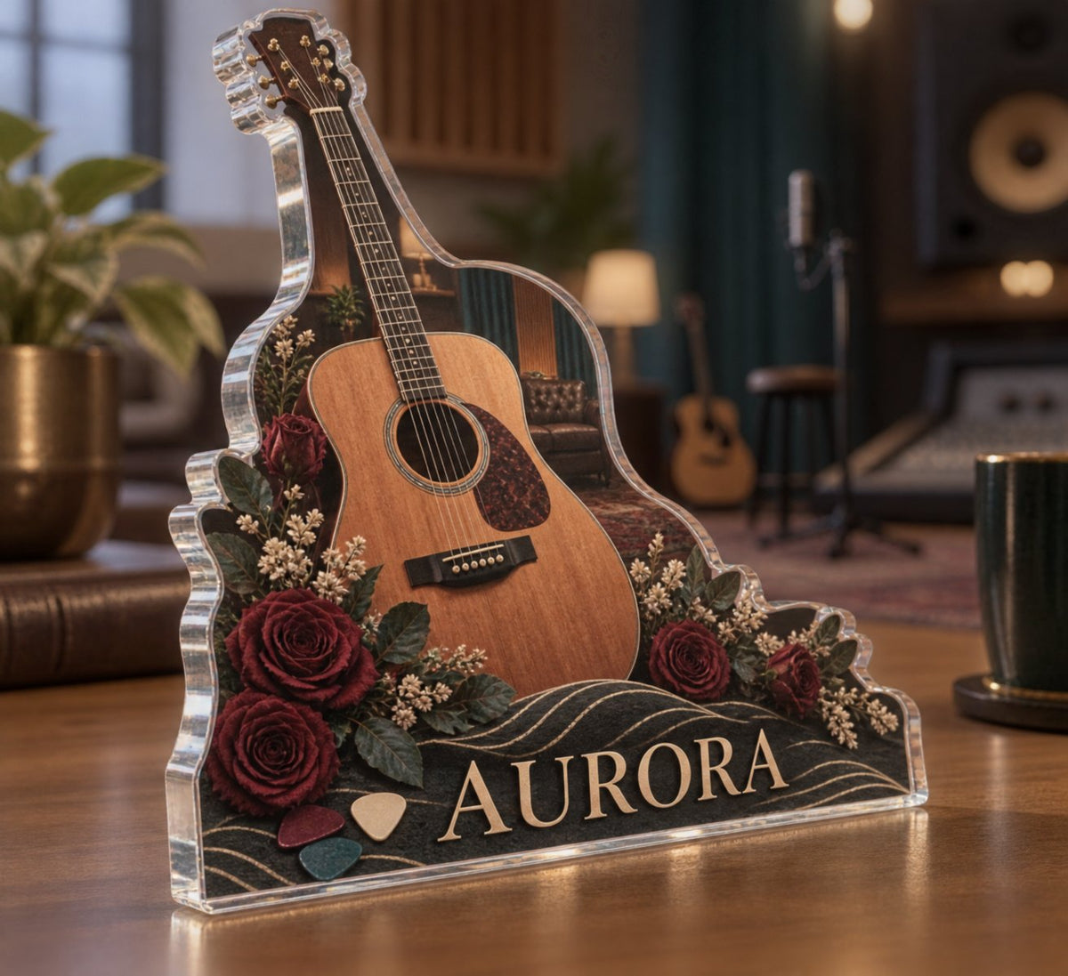 Personalized Acoustic Guitar Studio Wall Identity custom shape acrylic plaque with an example name set into the artwork, digital preview