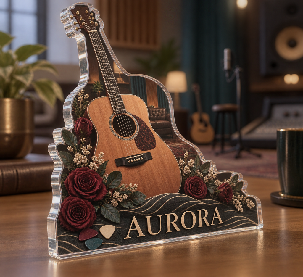 Artwork visualization: Acoustic guitar — studio wall identity, personalized AURORA, subject-shaped acrylic with printed optical 3D depth; not carved relief.