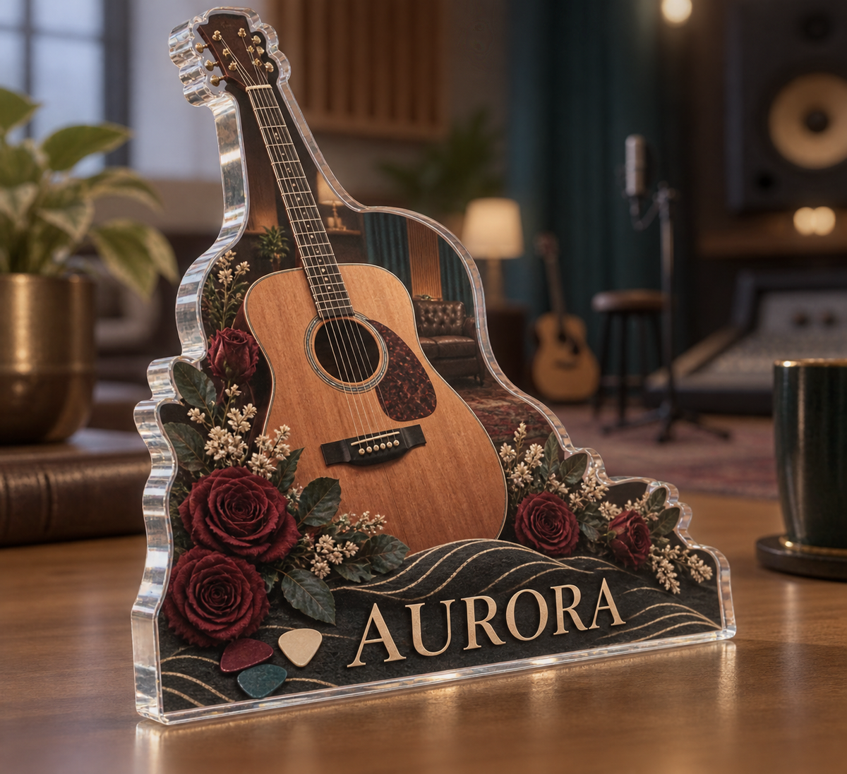 Artwork visualization: Acoustic guitar — studio wall identity, personalized AURORA, subject-shaped acrylic with printed optical 3D depth; not carved relief.